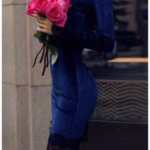 Royal Blue Velvet Dress with Black Lace Trim. New